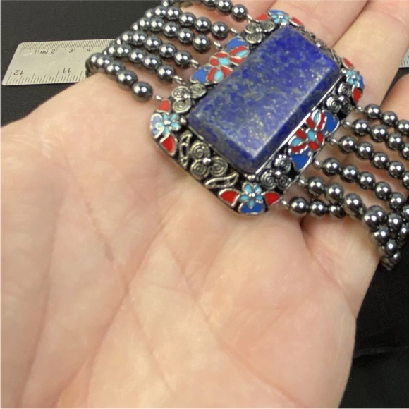 Hanmdade Bracelet Red Blue Enamel Hematite Beads Lapis Lazuli Stone 7" to 8" - Picture 11 of 14